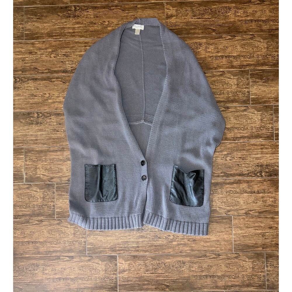LOFT Gray Cocoon Cardigan Vest with Faux Leather Pockets - M/L